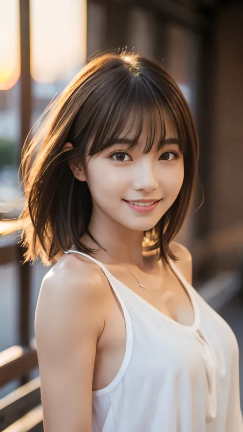 masterpiece, best quality, ultra high res, ultra detailed, sharp focus, 1girl, solo, a stunning pretty and beautiful Japanese sexy model, 19yo, looking at viewer:1.3, (bright smile:0.6), wearing a (blouse), dusk, sunset, night, realistic, slender, (standin...