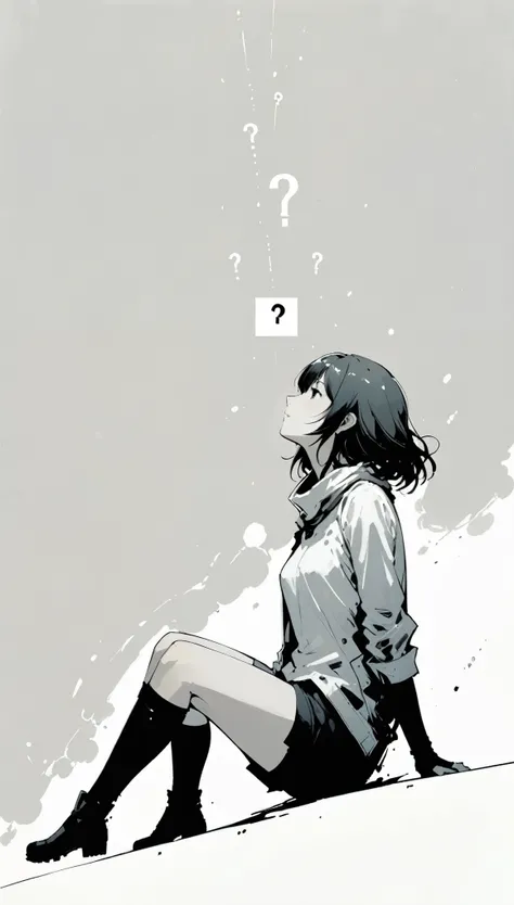 (in style of Ashley Wood:1.1),
1girl,knees apart feet together,?,large areas of white space,grey_background,minimalist background,sitting,at the bottom of the screen,(looking up side:1.5),from the side,comic,