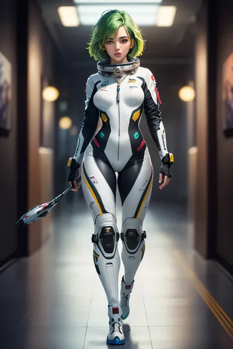 ((best qualityer)), ((work of art)), (detailded), with green hair:1.2), HD, .1), 8K resolution/cpm futuristic and sexy astronaut outfit, in png format full body
