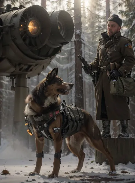 Siberian cyborg dog Dieselpunk style robotic, Detailed realistic dog skin, Half of the dogs parts are metal robotics, Pipes and cables, He is accompanied by a soldier, Russian features, The soldier has half of his face bandaged and has an amputated arm, So...