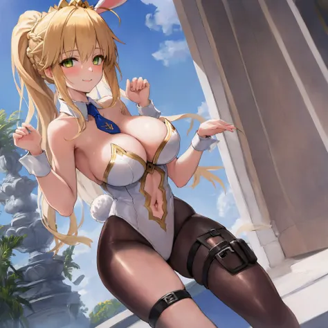 masterpiece, best quality, absurdres, soft lighting, looking at viewer, solo, light_smile, shy,
1girl, ahoge, rabbit ears, playboy bunny, artoria pendragon (swimsuit ruler) (fate), large breasts , blonde hair, green eyes, french braid,  pony tail
bare shou...