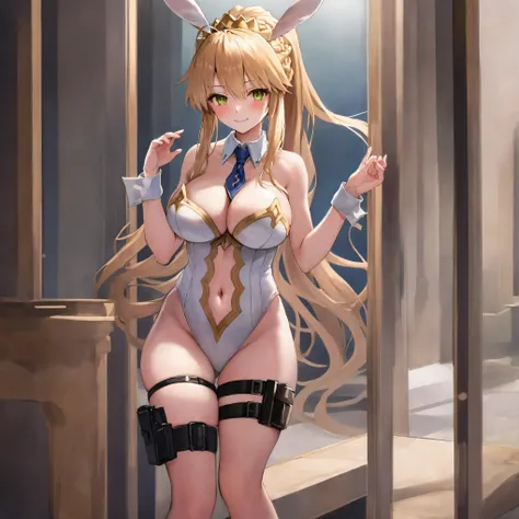 masterpiece, best quality, absurdres, soft lighting, looking at viewer, solo, light_smile, shy,
1girl, ahoge, rabbit ears, playboy bunny, artoria pendragon (swimsuit ruler) (fate), large breasts , blonde hair, green eyes, french braid,  pony tail
bare shou...