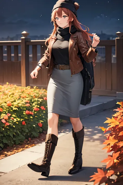 ((masterpiece, best quality, ultra-detailed)), beautiful woman walking through a fall garden, brown leather jacket with gray t-s...