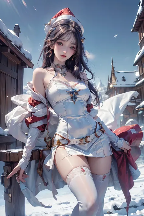 (Highest quality,8K quality,masterpiece:1.3,High resolution,Tabletop:1.2), (Backstreets),Snow Scene,Snow wizard in white Santa costume,Put your hands on your hips,Standing with your legs apart,Looking into the camera,(smile:1.2), ((Crazy Magic)), (Very bea...