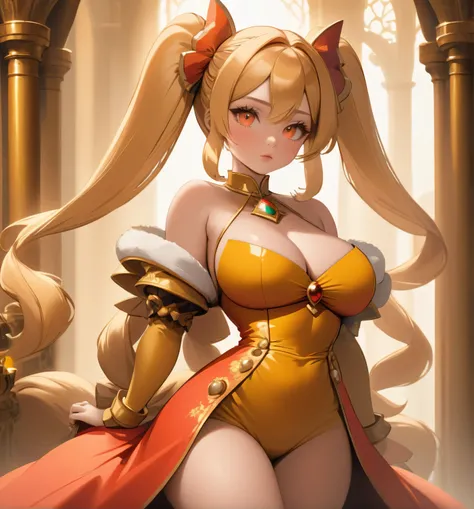 (masterpiece:1.2, best quality), realistic, (real picture, intricate details, depth of field), (1girl, solo), make up, parted lips, highly-detailed, perfect face,(huge breasts:1.8), (extravagant dress), thick thighs, wide hips, attractive waist, tall, glos...