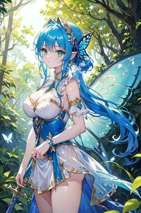 4K,High resolution,One Woman,Fairy,Blue Hair,Long Ponytail,Green Eyes,Big Breasts,butterfly_wings,knight,White knight dress,hair band,Jewelry decoration,Long sword,in the forest