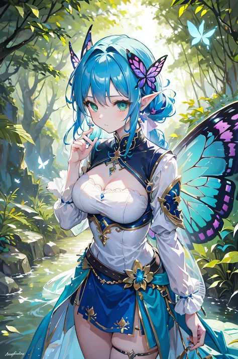 4k,high resolution,one woman,fairy,blue hair,long ponytail,green eyes,big breasts,butterfly_wings,knight,white knight dress,hair...