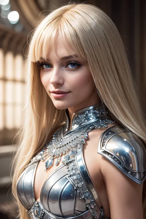 Best quality, high resolution, Masterpiece: 1.3, Beautiful Blonde Woman in Golg Metal Armor, Masterpiece, Majestic Pose, Realistic, Long Blonde Hair with Bangs, Gollum-Inspired Armor made of Glass, Covered in Small Diamonds and Crystals, Silver Stripes on ...