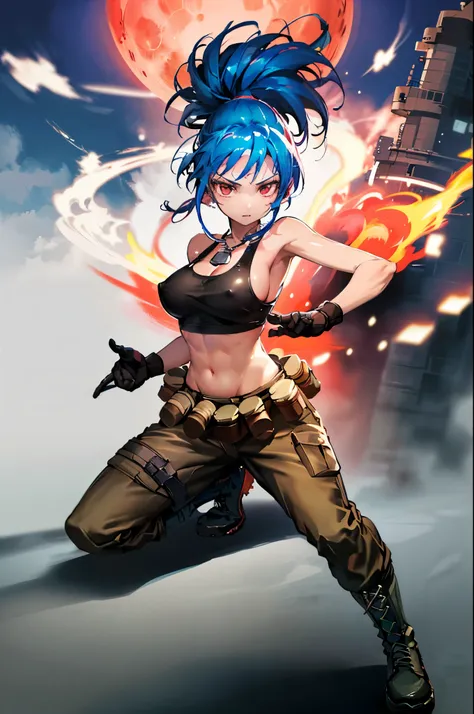 (masterpiece, highest quality, ultra high res, ultra detailed:1.3), 1 girl, ideal ratio body proportions, red eyes, (blue hair:1.2), high ponytail, unruly hair, brown tank top, military pants, military boots, bare shoulders, bare arms, open finger gloves, ...