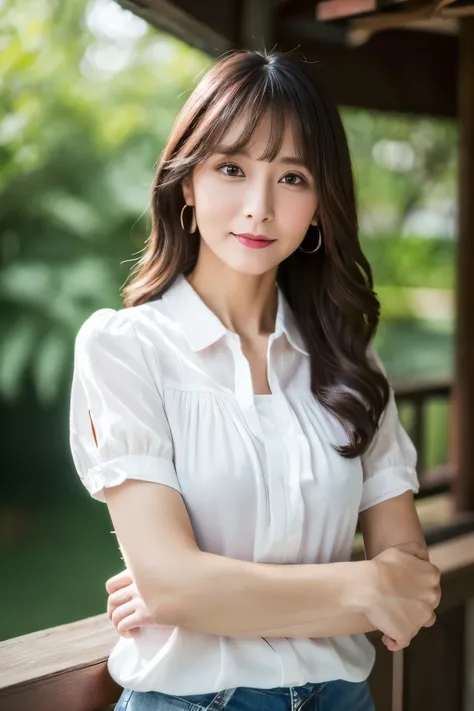 ((Best image quality, 8k, T Masterpiece:1.3)), (Wearing a short-sleeved blouse)、(Cross your arms)、Beautiful 40 year old woman、Japanese women、Long Hair、White clothing color、whole body