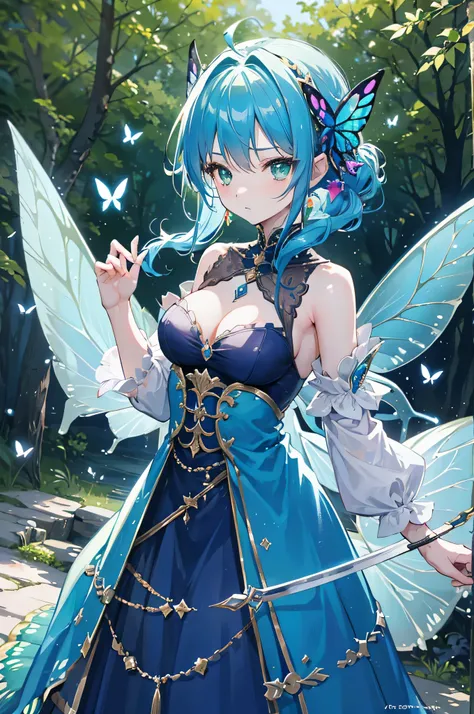 4K,High resolution,One Woman,Fairy,Blue Hair,Long Ponytail,Green Eyes,Big Breasts,butterfly_wings,knight,White knight dress,hair band,Jewelry decoration,Long sword,in the forest