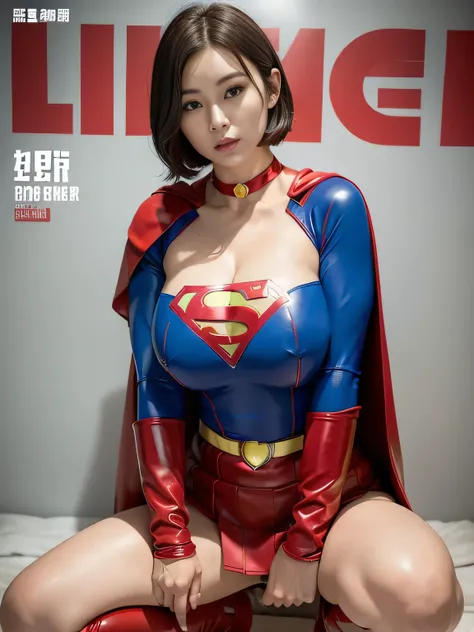 masterpiece、Rubber Supergirl Costume、short hair、Red rubber long boots、Big and ample breasts、looking at the camera、choker、Long sleeve、Cape、mini skirt、Off the shoulder、Sweaty skin、Hospital room、Photo magazine cover、Boasting beautiful legs、Crouching pose、Knee...