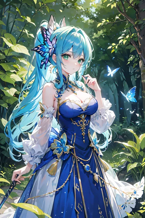 4K,High resolution,One Woman,Fairy,Blue Hair,Long Ponytail,Green Eyes,Big Breasts,butterfly_wings,knight,White knight dress,hair band,Jewelry decoration,Long sword,in the forest