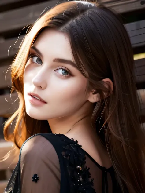 Close up portrait of very long-haired woman in transparent black dress, Portrait of Sophie Mudd, Attractive girl, Very beautiful face, Brown Hair Girl, Anna Nikonova, Also known as New Milky, Beautiful Model girl, Gorgeous and attractive face, Beautiful, r...