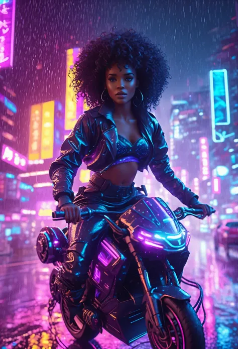 beautiful black woman with curly hair and african designed neon lit futuristic clothes, riding a hover bike flying above the neo...