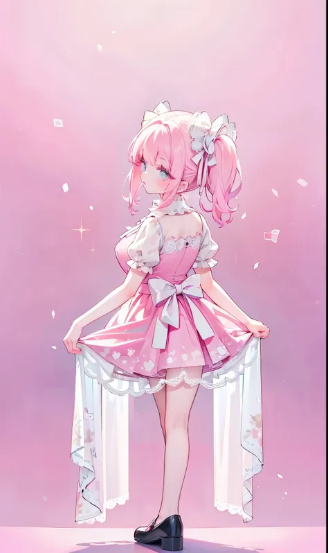 (masterpiece:1.2), best quality, highres, original, (extremely detailed:1.2), ultra-detailed, wallpaper, perfect lighting,(extremely detailed CG:1.2), 8k, 1girl, solo, kawaii, (twintails, pink hair:1.1), (Lolita Fashion, pink dress, short-sleeves, bowknot ...