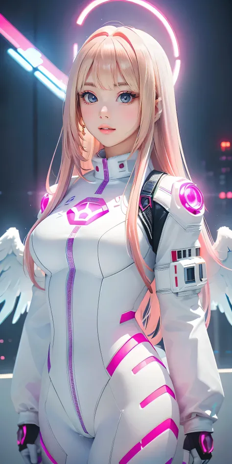 ((masterpiece, best quality, extremely detailed), volumetric lighting, ambient occlusion, colorful, glowing),
1girl, solo, young girl, (pink hair), long hair, halo, aura, sacred, godness, cyber suit, (white outfit:1.3), android, bot, angel wings,
outdoors...