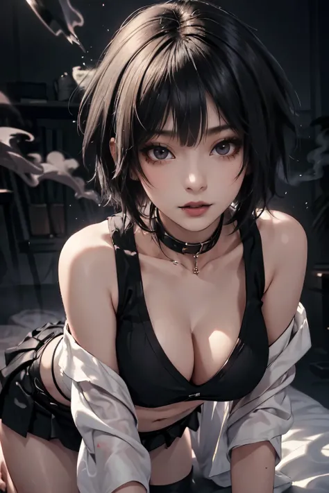 Girl, woman, emo_hairstyle, black lipstick, smocky eyes, dog collar, eyeliner, eye shadow, realistic lighting, short hair,  short skirt. seductive look, Big breast, off shoulder midriff, sleeveless. All-fours.