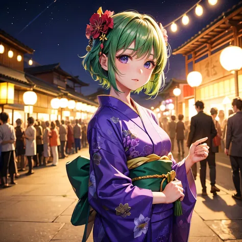 a girl with short hair, green hair, a flower in her hair, dressed in a violet yukata and gold details, Japanese night festival background, festival lights, cinematic lighting, high definition.