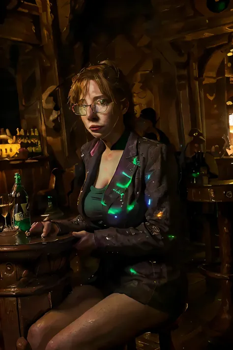 (high-energy rave:1.1),(photorealistic,vivid colors,extreme detail description),(sharp focus,ultra-detailed),(dark,moody),(glowing neon lights),oak wood bar,short haircut,knees on the stool,cocktail glasses,creepy foggy dancefloo, busty milf kneeing on the...