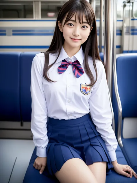 Center View、An Asian woman in a short skirt and bow tie is sitting on a train、Cute school girl、Japanese girls uniform、Wear Japan 、Japanese 、Surreal 、Dressed as a high school girl、Surreal 、Wear a uniform、Realistic school girl、Girl in uniform、Wear a uniform、...