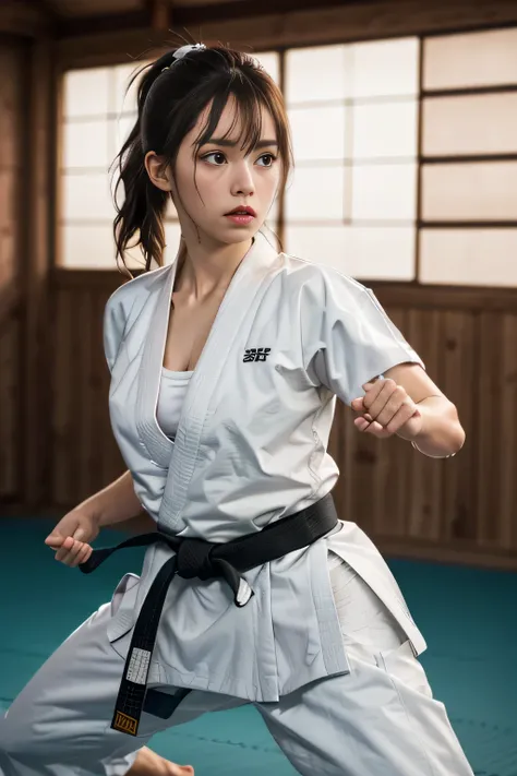 (((Karate clothes)))、fullbody,(karate uniform:1.5),martial arts belt,(fighting stance:1.3),((Ponytail with bangs))、(Female Karateka)、shiny skin、((Turn your face away))、((look sideways))、face is flushed、(Watery eye)、(((Karate Dojo)))、((delicate pictureaster...