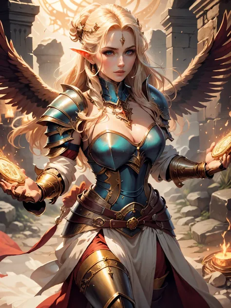 a human woman, cleric of life, in the world of dungeons and dragons, golden spells, divine aura, armor, religious symbol, warrior, confidence pose, blond hair, red cross on chest