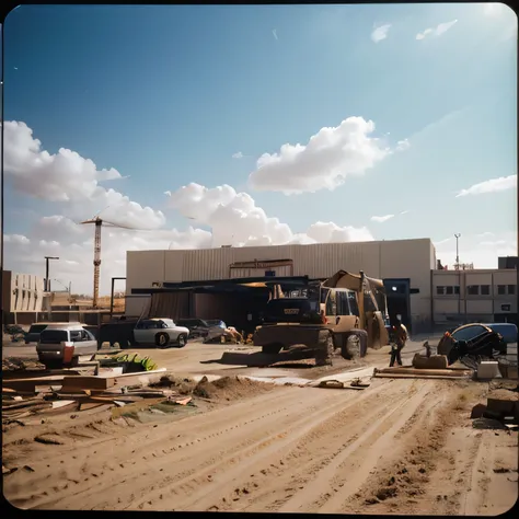 cinematic photo analog film photo scifi, big warehouse, (workers behind set 1.1), raw, summer hot, strormy clouds, cinematic, mist, volumetric lights shiny, dusty sand new, dynamic view, construction site, detailed, rocks, road desert
 (crowd of people:1.1...