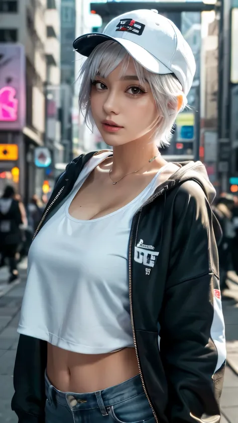 masterpiece, Highest quality, Very detailed, 8k, Realistic, One Girl, alone, Tomboy, Very detailed face, (head shot:1.5), Standing in front of a wall covered in hip hop graffiti, Cyberpunk neon cityscape,Pixie cut white hair, She is wearing a short neon ta...