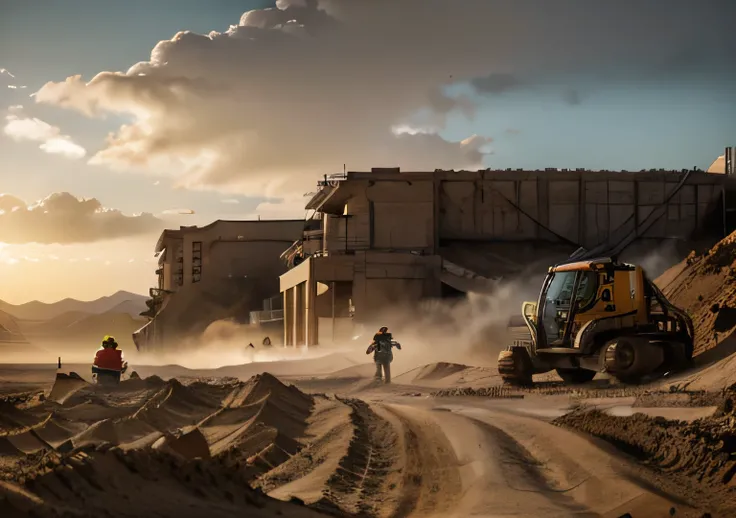 Big warehoue, (construction workers on set 1.1) sand desert rocky quarry, epic, absurdres, cinematic, dynamic view angle, volumetric lights, mist, cinematic, dutch angle, quarry, dust, volumetric lights, wet road after rain, mist, sunset, sun low on horizo...