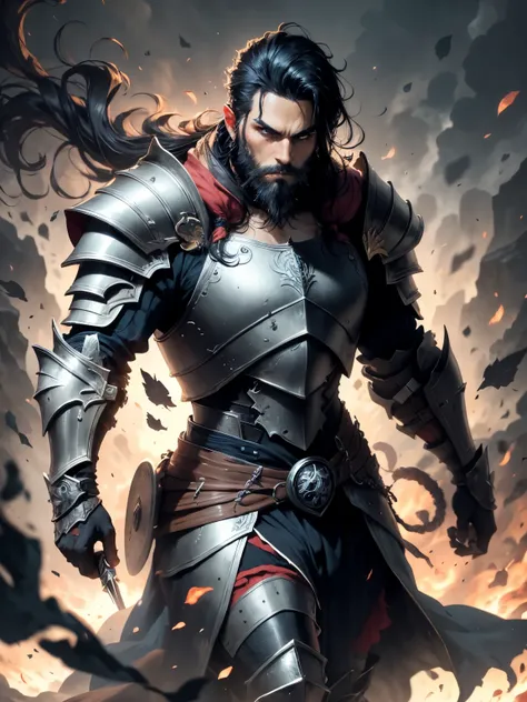 a man with black hair, black and white armor, dark symbols, confident pose, dark aura, warrior, ::armor, black beard