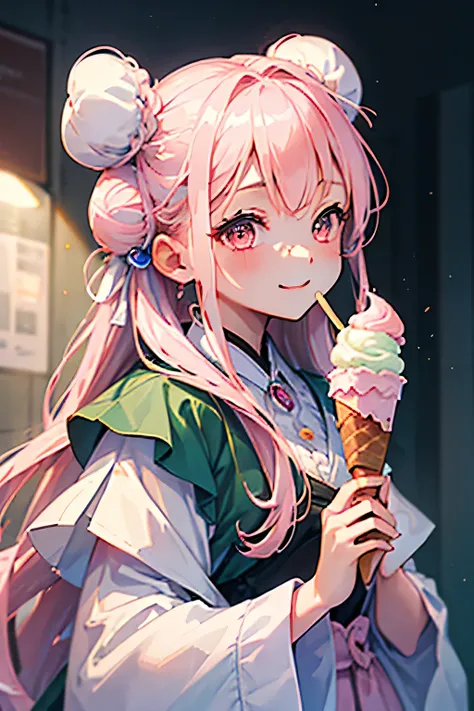 ((masterpiece))、(((Highest quality)))、((Super detailed))、((An illustration))、Attention to detail、Highly detailed CG Unity 8k、High resolution、美しいAttention to detail目、(Hair Ribbon:0.4), Pink Eyes,(((White bun hair))),(((Long pink hair))),Attention to detail、...