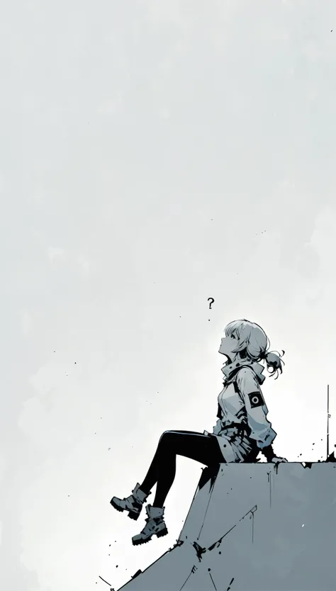 (in style of Ashley Wood:1.1), 
1girl,knees apart feet together,?,large areas of white space,Dodge blue|gray_background,minimalist background,sitting,at the bottom of the screen,(looking up side:1.5),from the side,comic,