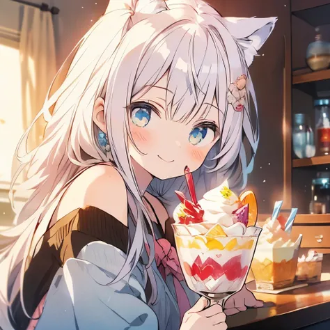 masterpiece、girl、White Hair、Long Hair、Sparkling eyes、Cat ear、smile、(((Big parfait)))