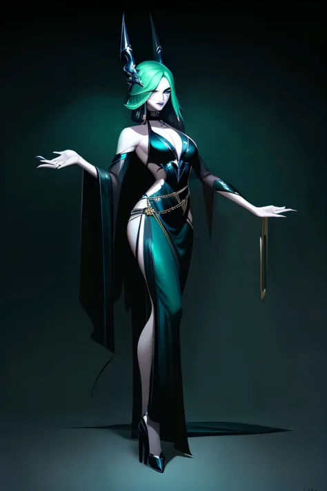 A young woman dressed in a belly dancer costume and partially naked.. The color palette is dominated by deep shades of green and black.. The details in purple and dark green stand out.., adding a dark and sinister atmosphere. his skin is pale, almost trans...