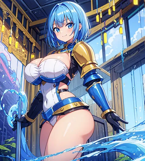 girl,gigantic breasts,knight armor,blue hair,short hair,drooping eyes,smile, 19 years old, large breasts, triple D cup breasts, round buttocks, bubbly buttocks, wide hips, bubbly ass