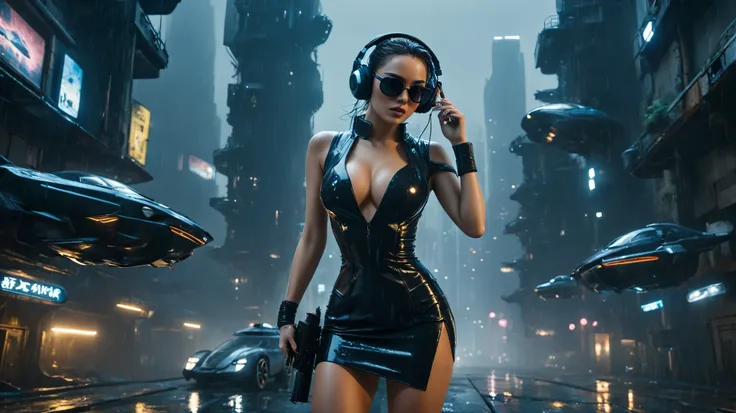 (aerial view, a flying cars docking platform, a very dark abandoned futuristic city), rainy night. (((1girl, solo, alone))), large-breast:1.2 slim body, cleavage:1.1, sexy wind blowing wet dress:1.4, (((headphone, black sunglasses, standing and holding pis...