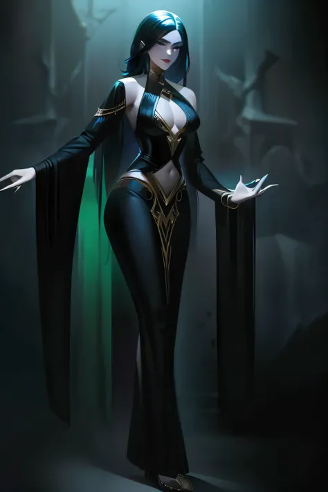 A young woman dressed in a belly dancer costume and partially naked.. The color palette is dominated by deep shades of green and black.. The details in purple and dark green stand out.., adding a dark and sinister atmosphere. his skin is pale, almost trans...