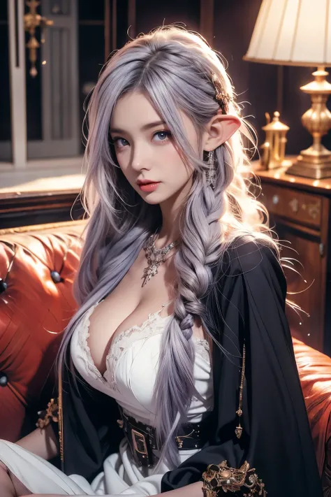 facing viewer, black and white maid dress, graceful, living room, adult, 1 girl, elf, toned skin, anime, sitting on couch, look at viewer, (light purple hair), straight hair,  show body to viewer, best quality, highres, 8k, masterpiece, anatomically correc...