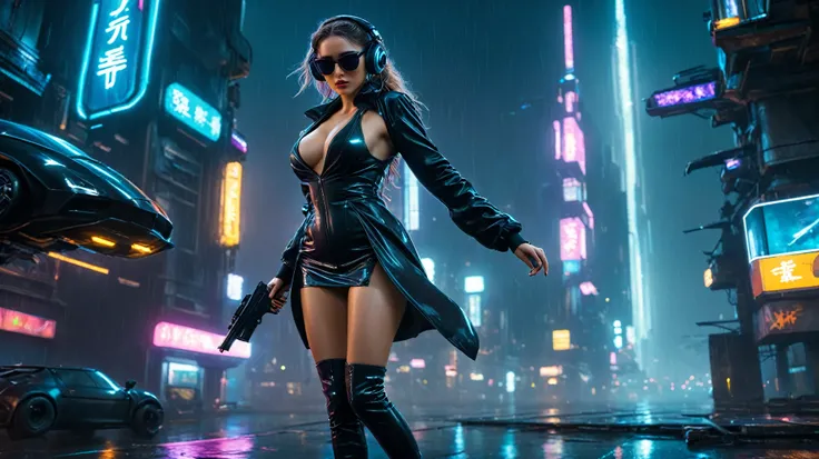 (aerial view, a flying cars docking platform, a very dark abandoned futuristic city, neon lights), rainy night. (((1girl, solo, alone))), large-breast:1.2 slim body, cleavage:1.1, sexy wind blowing wet dress:1.4, (((headphone, black sunglasses, standing an...