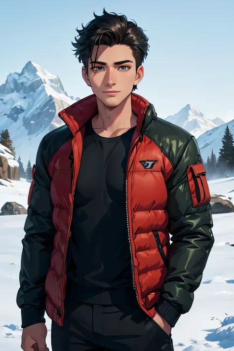 1 handsome young man in his early 20s, green eyes, detailed eyes, olive skin, mid length black hair combed to one side, playful smile, tall, athletic body, black winter jacket, cargo pants, winter lounge, snowy mountain (best quality,8k,highres,masterpiece...