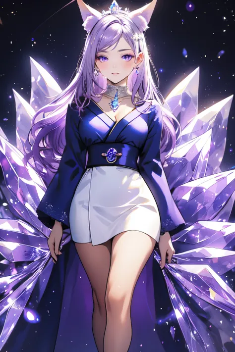 ((best quality)), ((masterpiece)), (detailed), detailed eyes, detailed hands, full-length body image, female humanoid kitsune, wearing a short kimono, crystal crown on top of her head, light purple hair, light purple fox ears, 2 purple crystal fox tails, 1...