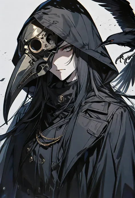 solo, handsome, 1 woman, long hair, black color hair, Gray eyes, black coat, black gloves, black plague Crow mask, Black hood, neutral expression