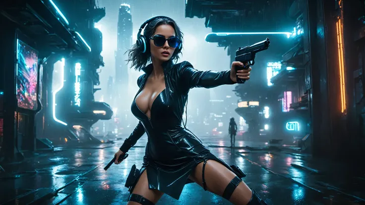 (aerial view, a flying cars docking platform, a very dark abandoned futuristic city, neon lights), rainy night. (((1girl, solo, alone))), large-breast:1.2 slim body, cleavage:1.1, sexy wind blowing wet dress:1.4, (((headphone, black sunglasses, standing an...