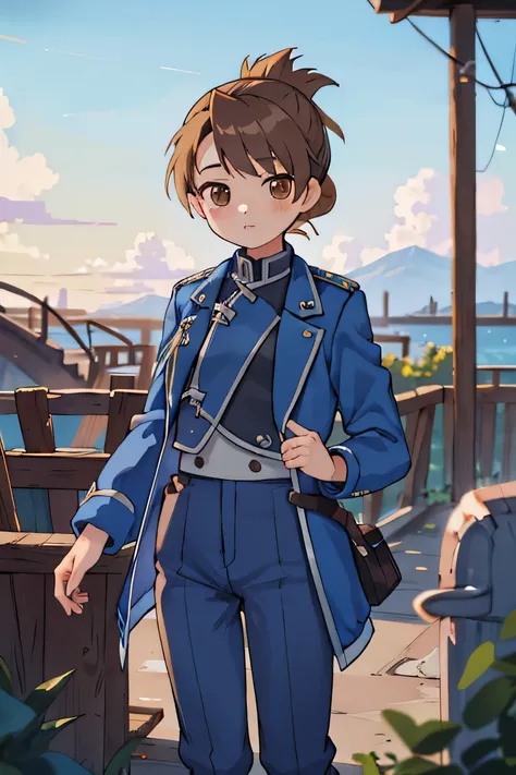 masterpiece, Highest quality, High resolution, One girl, Himliza, Folded ponytail, Brown eyes, Medium chest, uniform, Blue jacket, Blue pants, Are standing, Cowboy Shot, Outdoor, View your viewers,