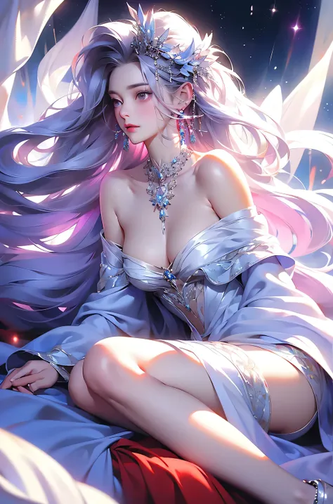 (masterpiece:1.5, Highest quality, Very detailed、 Dutch Angle、Semi-realistic、Fantasy)(One Girl, alone)(White and beautiful hair:1.4,,Straight Long Hair)(White based dress、Fantasy Costume)、((Off the shoulder、Mid-chest、ruby ​​necklace))(Beautiful cleavage、Le...