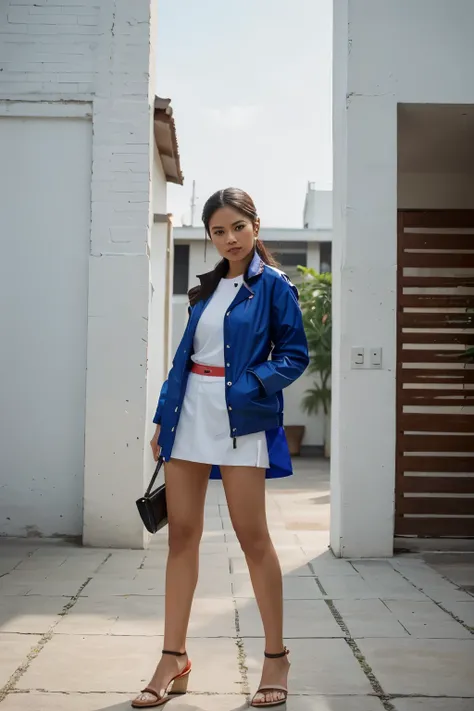 พร้อมท์

Capture a full-body shot of a female model wearing elegant, formal sports fashion with modern Thai art patterns. The ensemble includes a jacket, blue, red, and white hues, reflecting cultural vibrancy. Place her against a simple studio background