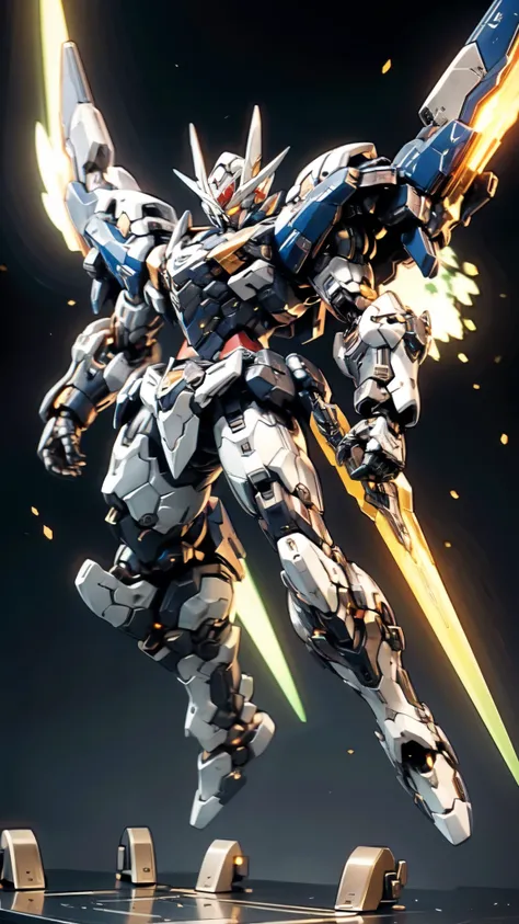 (masterpiece:1.5, best quality:1.5, extremely delicate:1.5), humanoid Mecha, fully enclosed shoulder guards, matching arm and leg guards, full body, full armor, the design balances heavy with agility, (the color scheme is primarily white with red and blue ...
