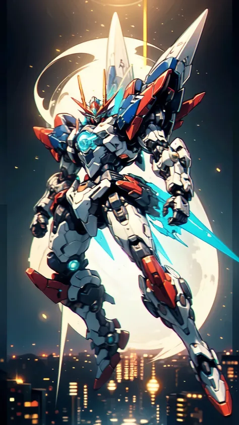 (masterpiece:1.5, best quality:1.5, extremely delicate:1.5), humanoid Mecha, fully enclosed shoulder guards, matching arm and leg guards, full body, full armor, the design balances heavy with agility, (the color scheme is primarily white with red and blue ...