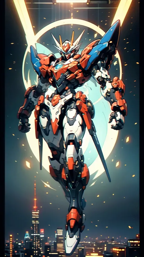 (masterpiece:1.5, best quality:1.5, extremely delicate:1.5), humanoid Mecha, fully enclosed shoulder guards, matching arm and leg guards, full body, full armor, the design balances heavy with agility, (the color scheme is primarily white with red and blue ...